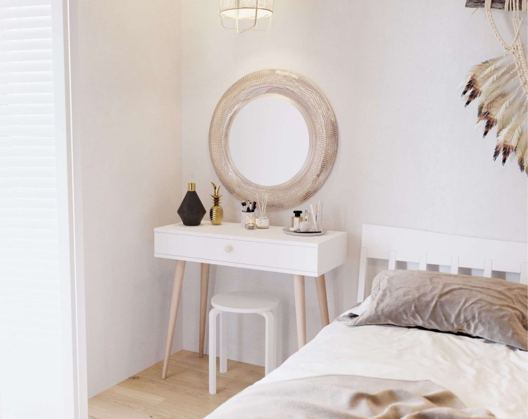 TOALETKA biała ROSE KONSOLA 90 cm BOHO szuflada drewniane nóżki SKANDYNAWSKA