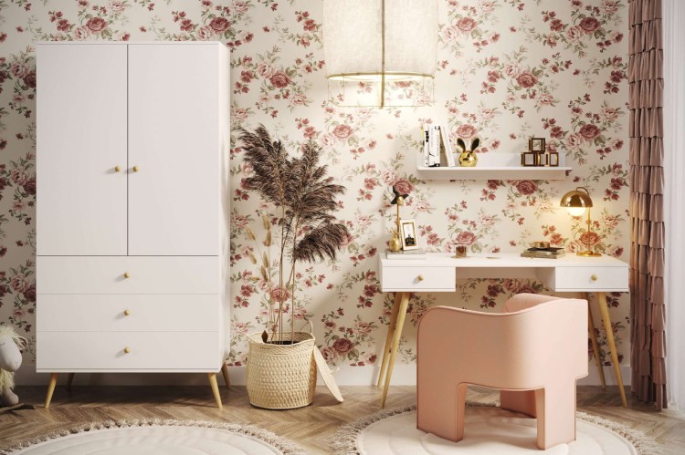 TOALETKA biała ROSE KONSOLA 90 cm BOHO szuflada drewniane nóżki SKANDYNAWSKA