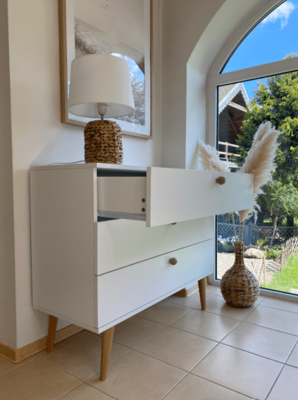 TOALETKA biała ROSE KONSOLA 90 cm BOHO szuflada drewniane nóżki SKANDYNAWSKA