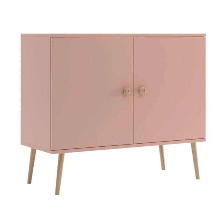 KOMODA RÓŻOWA ROSE 100 cm Z DRZWICZKAMI SKANDYNAWSKA POJEMNA NOGI WYSOKIE DREWNIANE