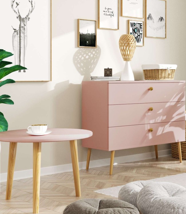 KOMODA RÓŻOWA ROSE 100 cm Z DRZWICZKAMI SKANDYNAWSKA POJEMNA NOGI WYSOKIE DREWNIANE