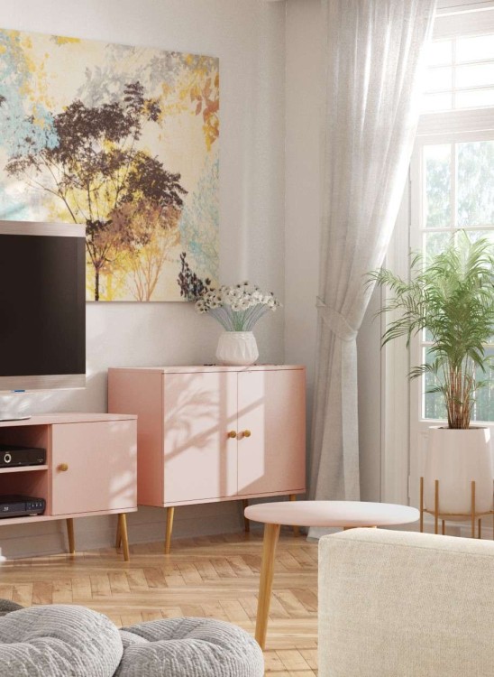 KOMODA RÓŻOWA ROSE 100 cm Z DRZWICZKAMI SKANDYNAWSKA POJEMNA NOGI WYSOKIE DREWNIANE