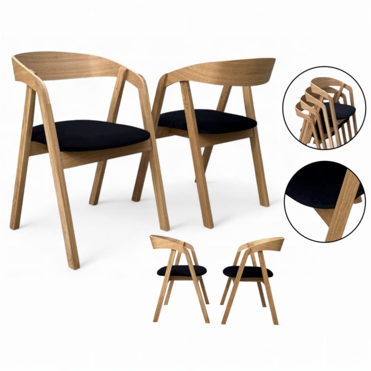 Zestaw 4x Krzesło Dębowe z Tapicerowanym Siedziskiem Dąb Naturalny Olejowany + Tkanina Velvet Riviera 100 (Czarny)