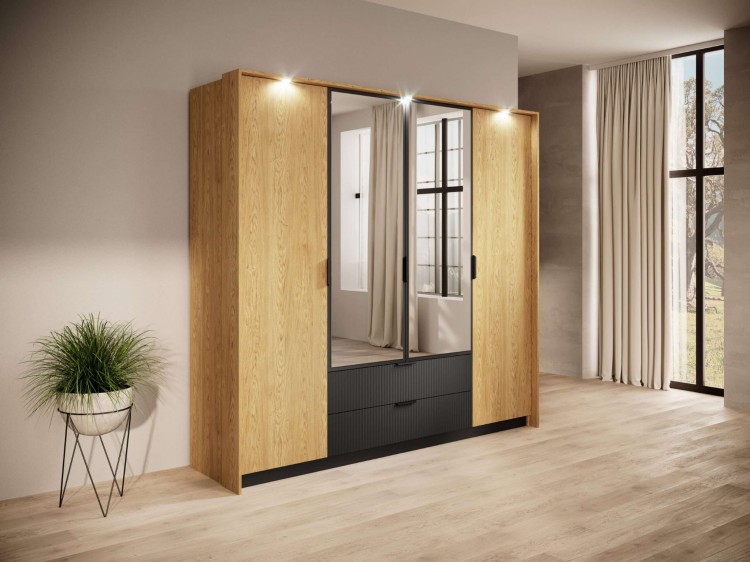 Szafa BALTICA 220 cm Półki Szuflady Dąb Baltic+Czarny| Styl i funkcjonalność