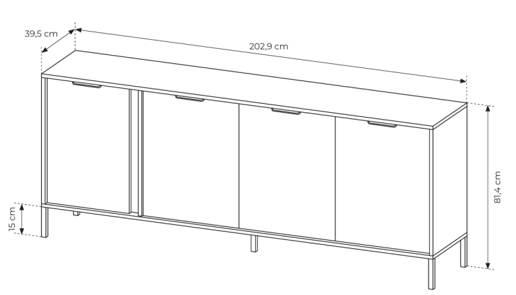 KOMODA do salonu LARSJA 203 cm z CZTERAMA DRZWIAMI | Antracyt + Złoty