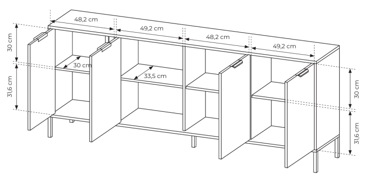 KOMODA do salonu LARSJA 203 cm z CZTERAMA DRZWIAMI | Antracyt + Złoty