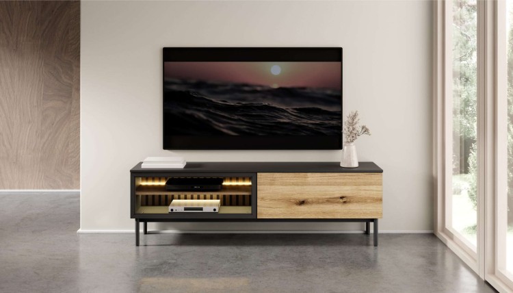 Stolik RTV 150 cm LANGIA z OŚWIETLENIEM LED do salonu Dąb Avoke + Czarny