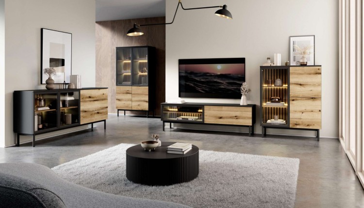 Stolik RTV 150 cm LANGIA z OŚWIETLENIEM LED do salonu Dąb Avoke + Czarny