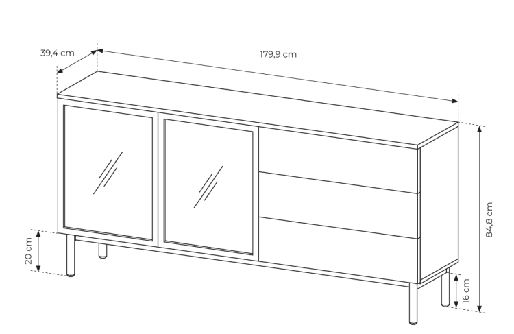 KOMODA 180 cm LANGIA do salonu SZUFLADY Dąb Avoke + Czarny | Nowoczesny Styl