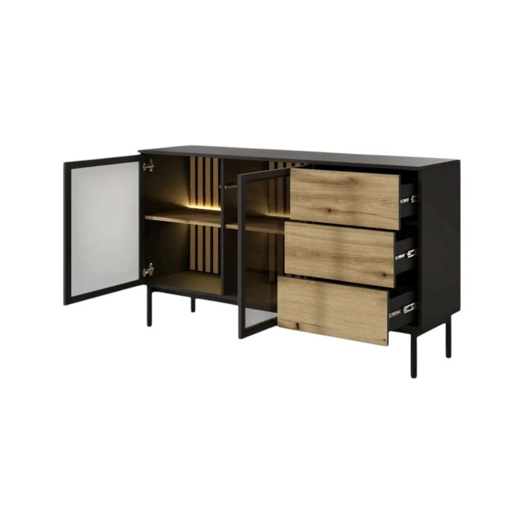KOMODA 150 cm LANGIA do salonu SZUFLADY Dąb Avoke + Czarny | Nowoczesny Styl