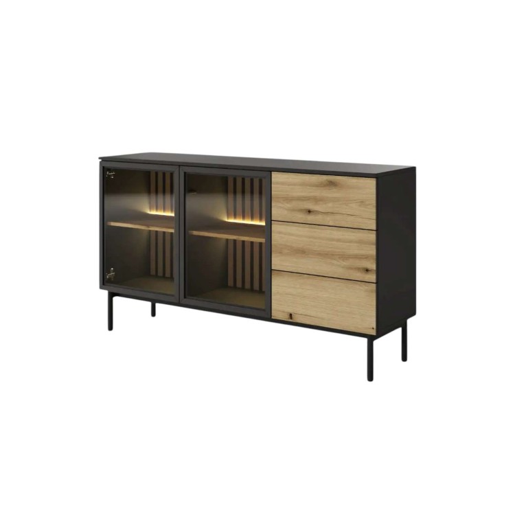 KOMODA 150 cm LANGIA do salonu SZUFLADY Dąb Avoke + Czarny | Nowoczesny Styl
