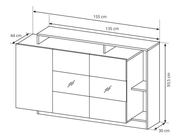 Komoda pojemna ALVANI z szafkami Dąb grandson + Biała | Szkło hartowane brązowe