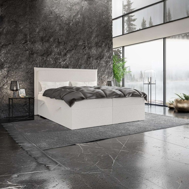 Kremowe Łóżko Kontynentalne TORRA 160x200 cm z Pojemnikiem na Pościel