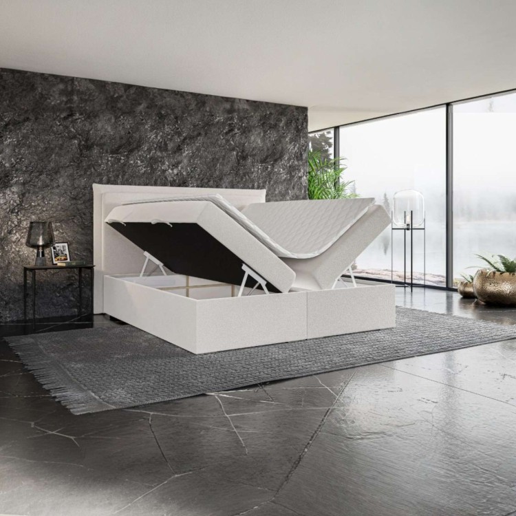 Kremowe Łóżko Kontynentalne TORRA 160x200 cm z Pojemnikiem na Pościel