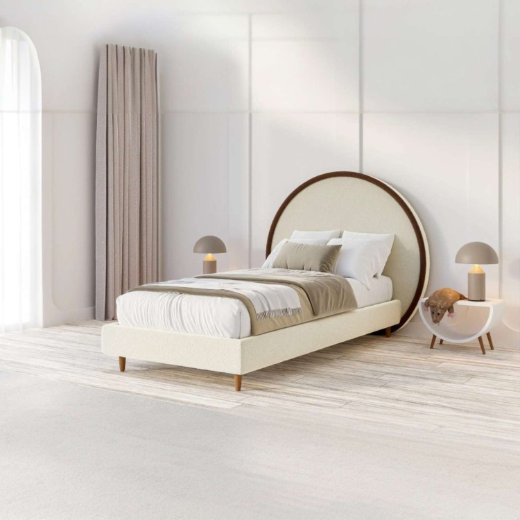 Beżowe Łóżko Dziecięce Młodzieżowe TIPI 90X200 cm Tapicerowane z Zagłówkiem