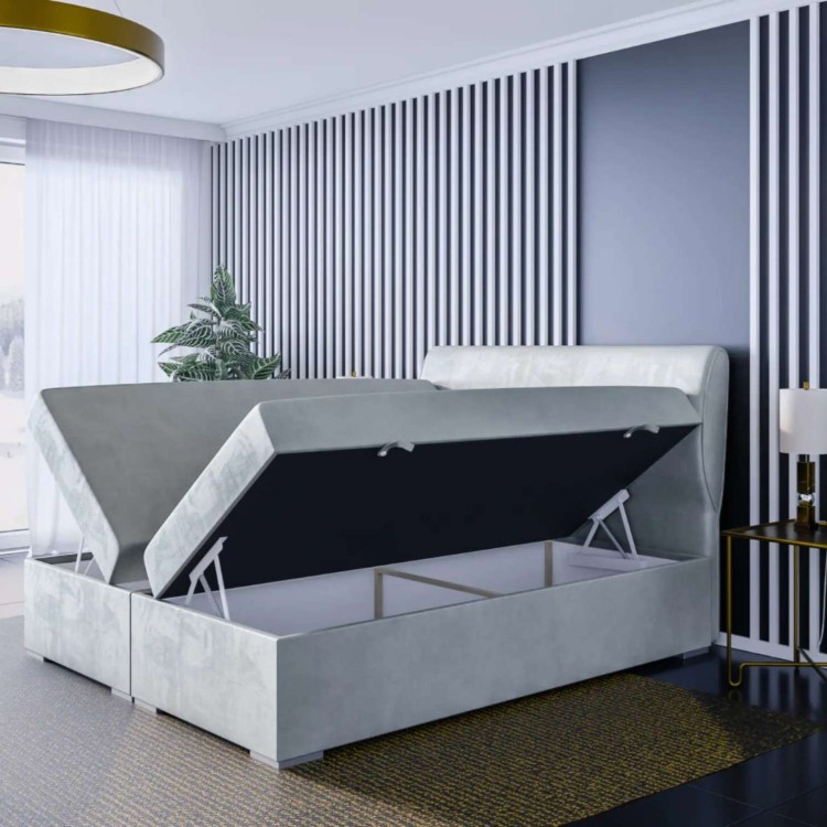 Popielate Łóżko Kontynentalne SANDIA 160x200 cm z Pojemnikiem na Pościel