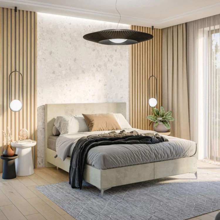 Beżowe Łóżko Kontynentalne RION 160x200 cm z Pojemnikiem na Pościel