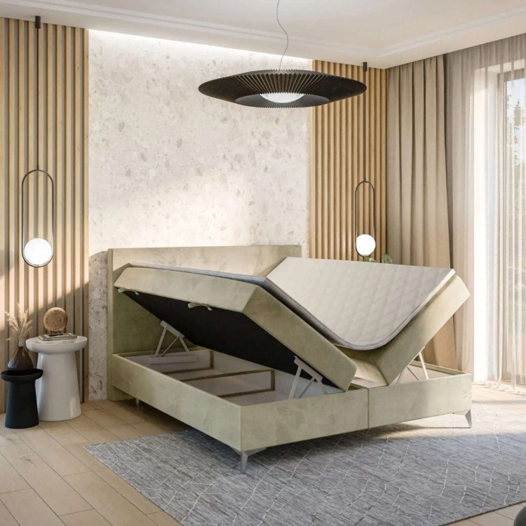 Beżowe Łóżko Kontynentalne RION 160x200 cm z Pojemnikiem na Pościel