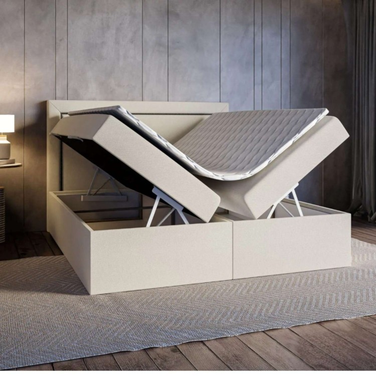 Kremowe Łóżko Kontynentalne NOVIA 160x200 cm z Pojemnikiem na Pościel