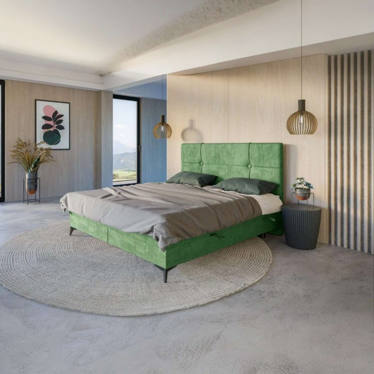 Zielone Łóżko Kontynentalne NALIA 200x200 cm z Pojemnikiem na Pościel