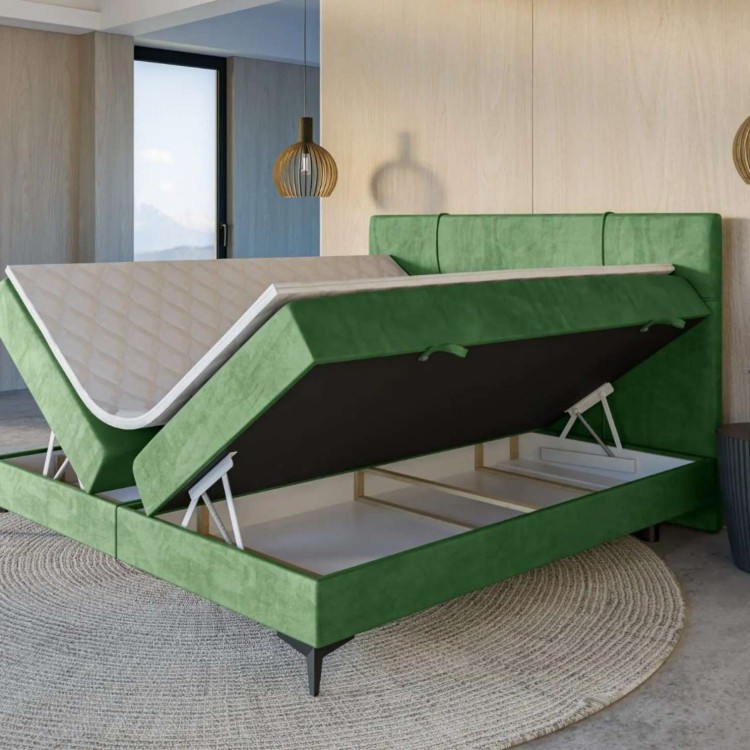 Zielone Łóżko Kontynentalne NALIA 200x200 cm z Pojemnikiem na Pościel