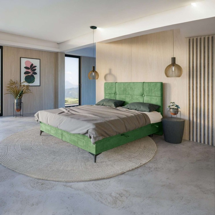 Zielone Łóżko Kontynentalne NALIA 160x200 cm z Pojemnikiem na Pościel