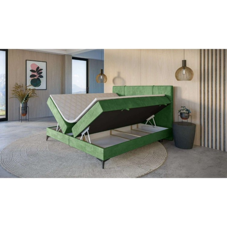 Zielone Łóżko Kontynentalne NALIA 160x200 cm z Pojemnikiem na Pościel