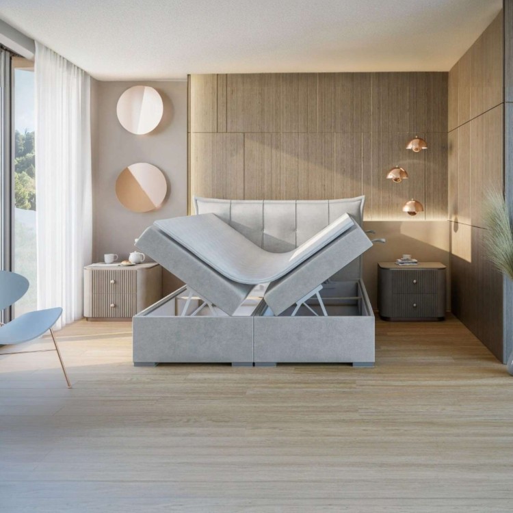 Popielate Łóżko Kontynentalne MIRAL 160x200 cm z Pojemnikiem na Pościel