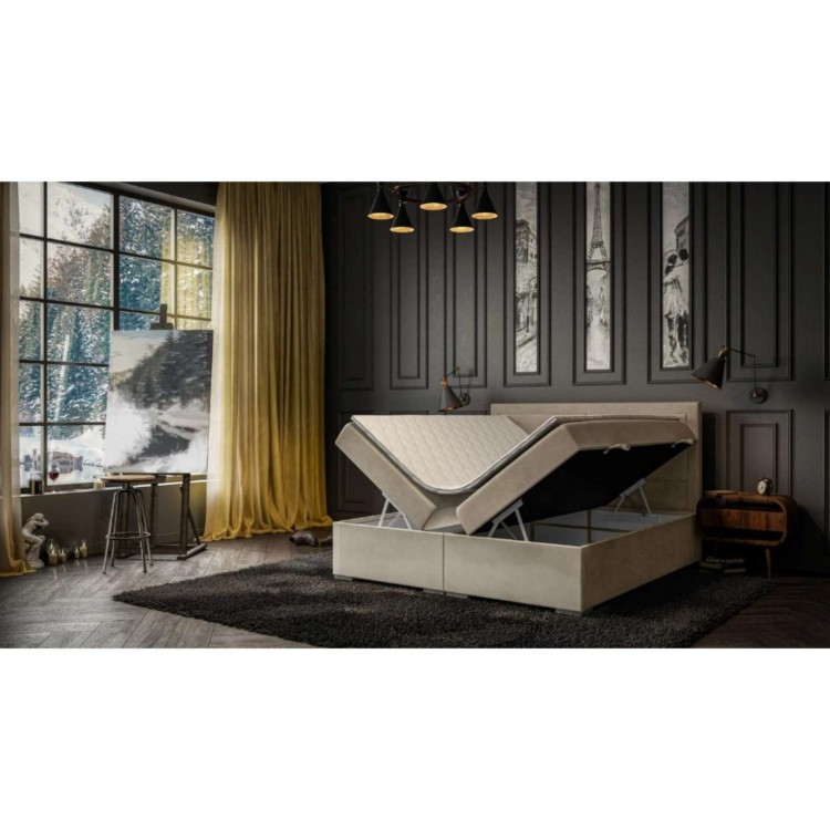 Beżowe Łóżko Kontynentalne MIRANDA 160x200 cm z Pojemnikiem na Pościel