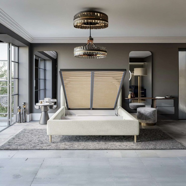 Beżowe Łóżko Tapicerowane MELANIA 160x200 cm z Pojemnikiem na Pościel