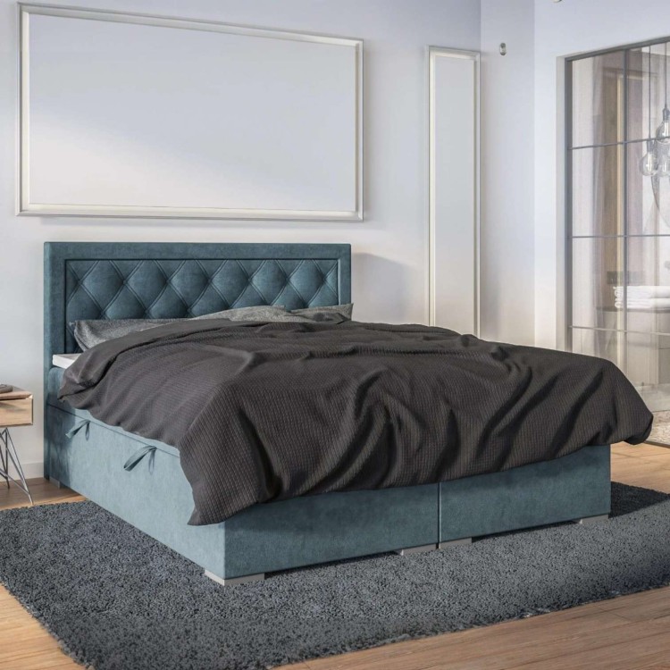 Kobaltowe Łóżko Kontynentalne MAXUM 160x200 cm z Pojemnikiem na Pościel