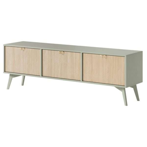 Komoda RTV ELEGIA skandynawska beż/eukaliptus 158 cm z półkami minimalistyczna BOHO