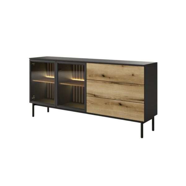 KOMODA 180 cm LANGIA do salonu SZUFLADY Dąb Avoke + Czarny | Nowoczesny Styl